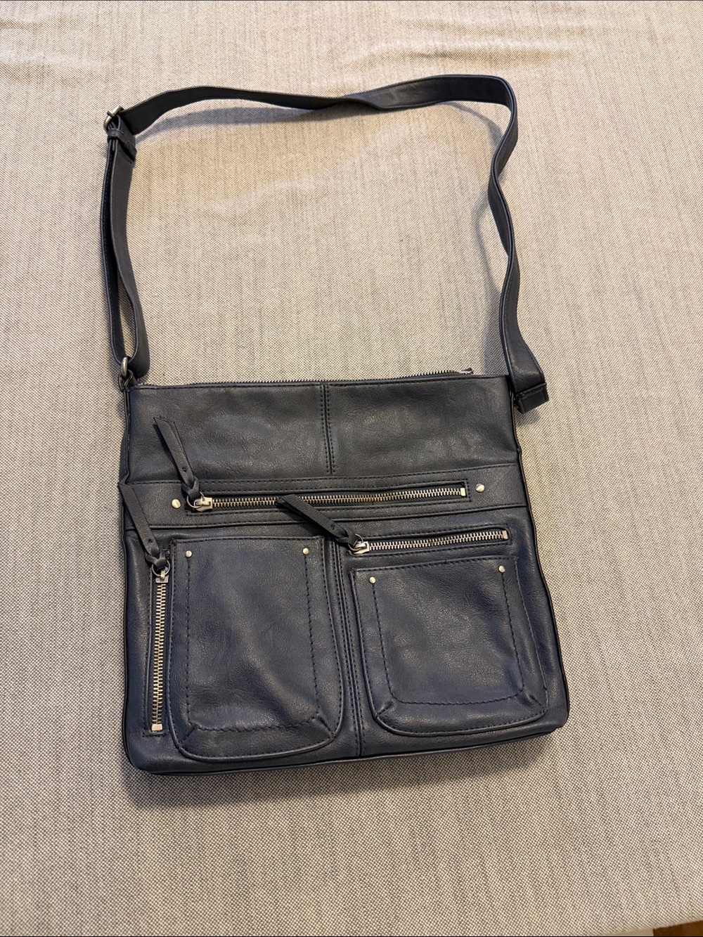 INC Blue/Grey faux leather crossbody Bag with Front Zip Pockets